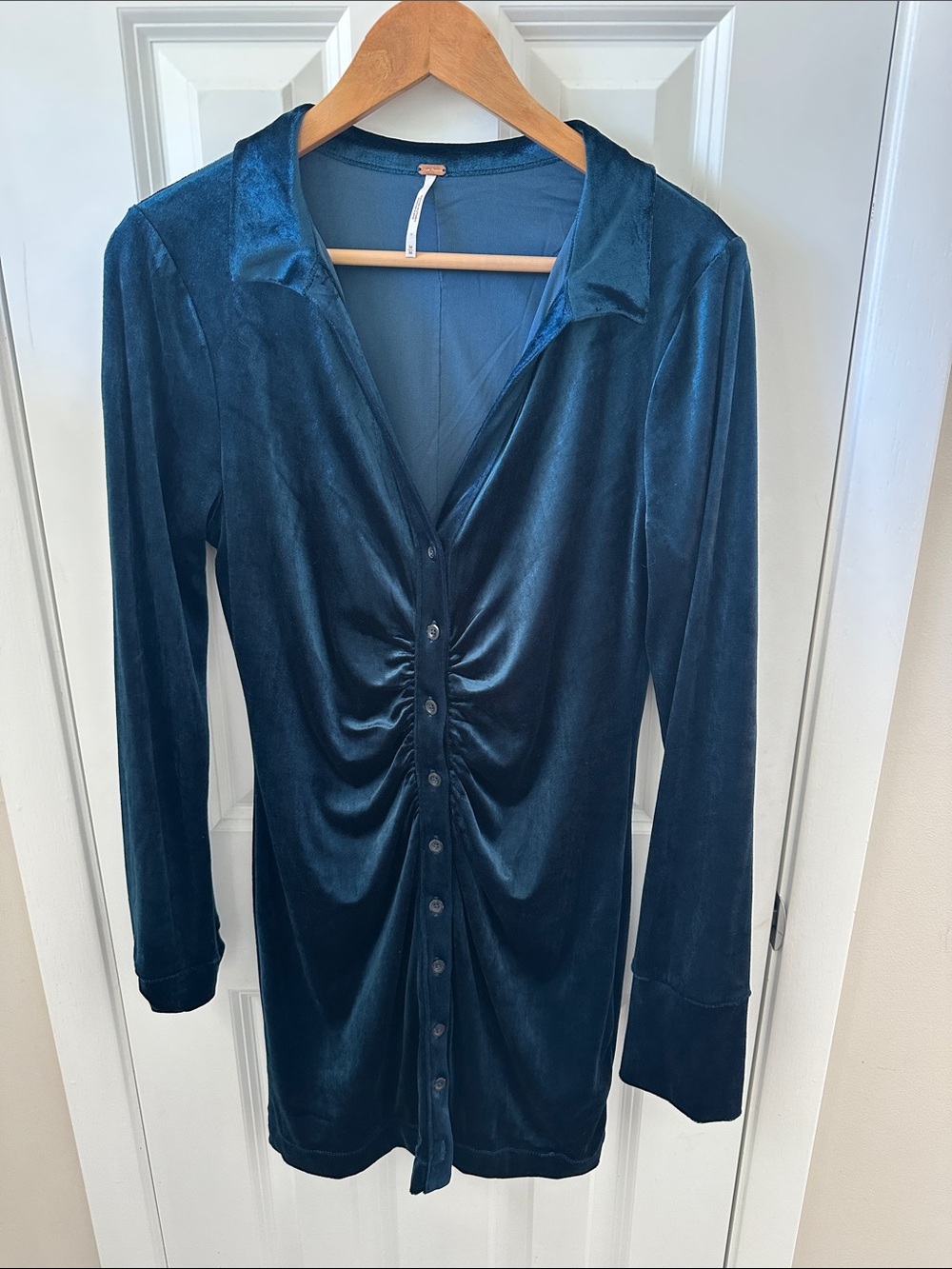 Free People Teal Velvet Button-Front Long Sleeve Dress